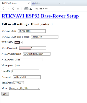 setting rtknavi esp32 base-rover